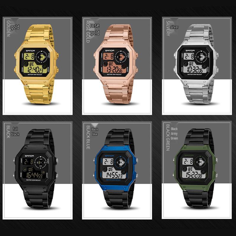Sanda Men's Waterproof Multifunctional Digital Watch - Small Square, Steel Band
