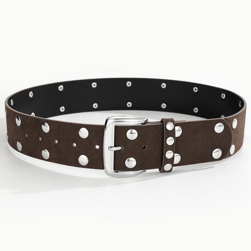 Womens Punk Style Hollow Out Double Row Dot Decorative Belt With Pin Buckle PU Leather Waistband Casual Fashion