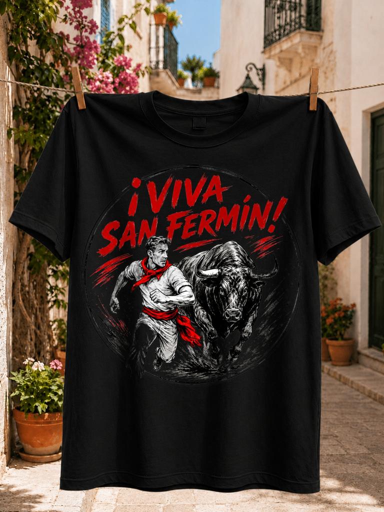 Viva San Fermin Bull Run Red Action Sketch Tee With A Runner In And Red Festival Colors Beside A Unisex All Tshirt
