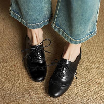 Moda Nuevo Primavera/otoño Zapatos de Mujer de Cuero Genuino Zapatos de Punta Redonda para Mujer Moda Diseños Brogue Mocasines con Cordones Tacón Bajo Zapatos de Salón para Mujer