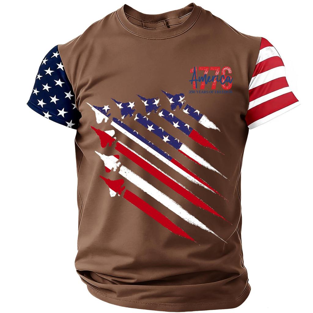 Men's Short Sleeve Crew Neck T-Shirt with Printed Aircraft and Flag Pattern Casual Loose Fit Comfortable Top