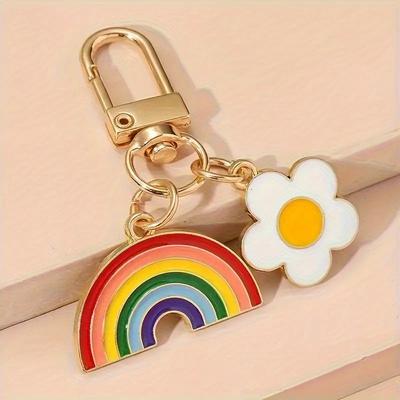 Lebhafter goldfarbener 1-teiliger Regenbogenherz-Anhänger-Schlüsselanhänger | Buntes gestreiftes Regenbogen- und weißes Gänseblümchen-Design für Handys, Autos und Rucksäcke