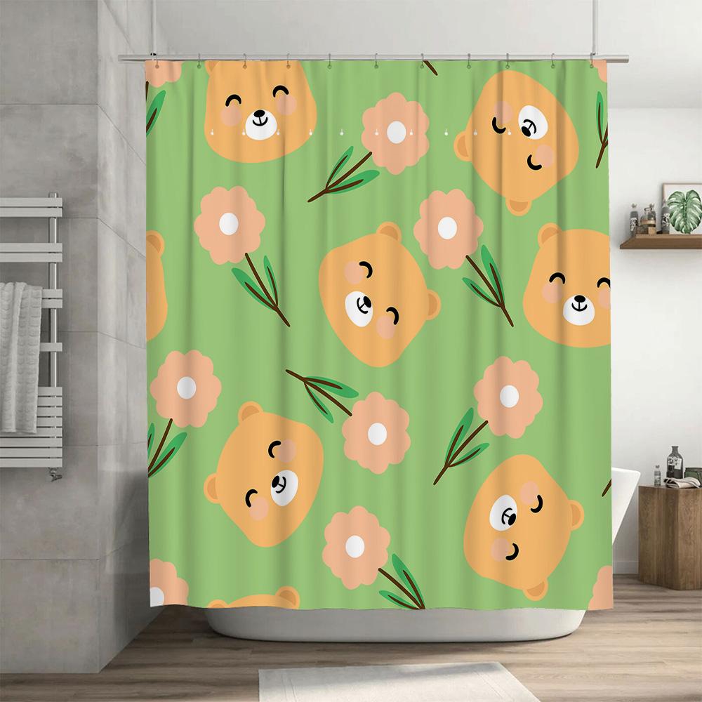 Green Shower Curtain with Cute Animal Print for Bathroom Decor Unisex Home Textile Accessories in Pink Floral Design