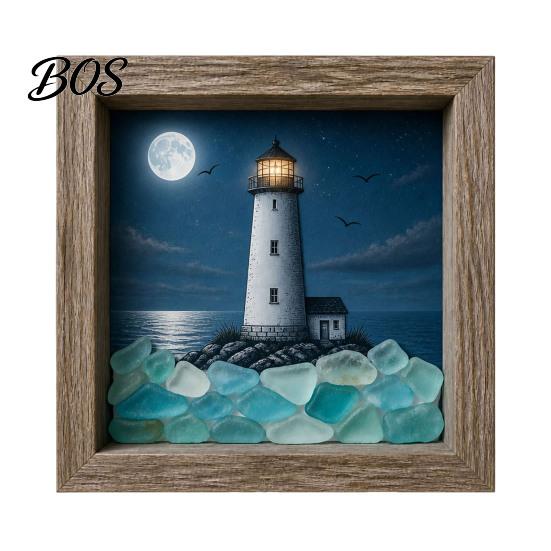 Tabletop Decorative Light Sea Glass Art Painting with LED Light, DIY Mosaic Arts and Craft Kit, Desk Accessory Ocean Themed Beach Kit for Home Office