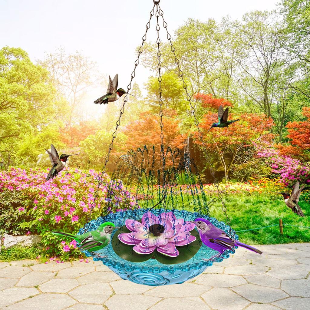 Hanging Bird Bath with Lotus Flower Design Glass Bowl and Metal Chain for Outdoor Garden Decoration Water Feeder for Birds