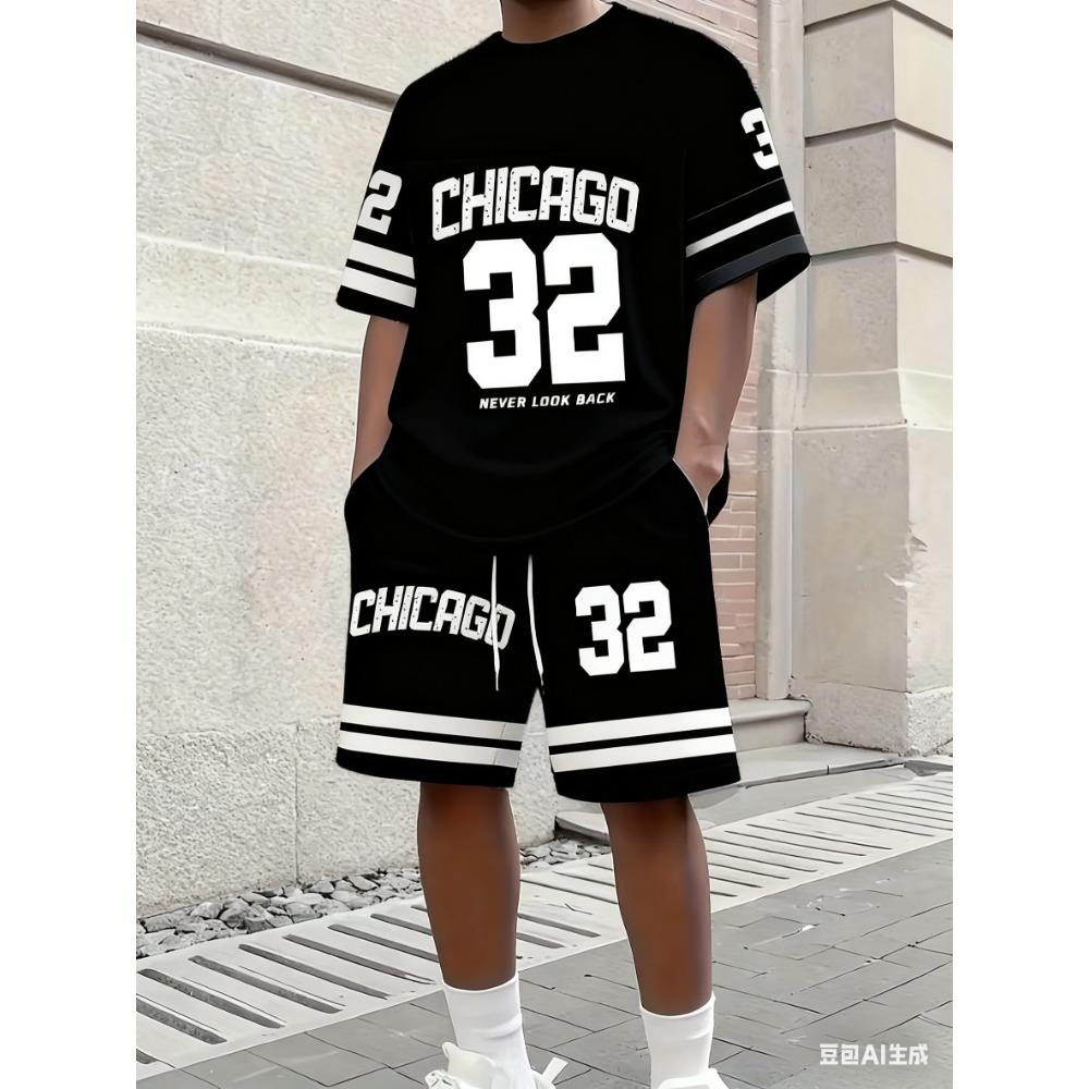 Summer Men's Casual Chicago NO.32 Print Short Sleeve T-Shirt & Shorts Set Round Neck Short Sleeved Women's T-shirt Shorts Set