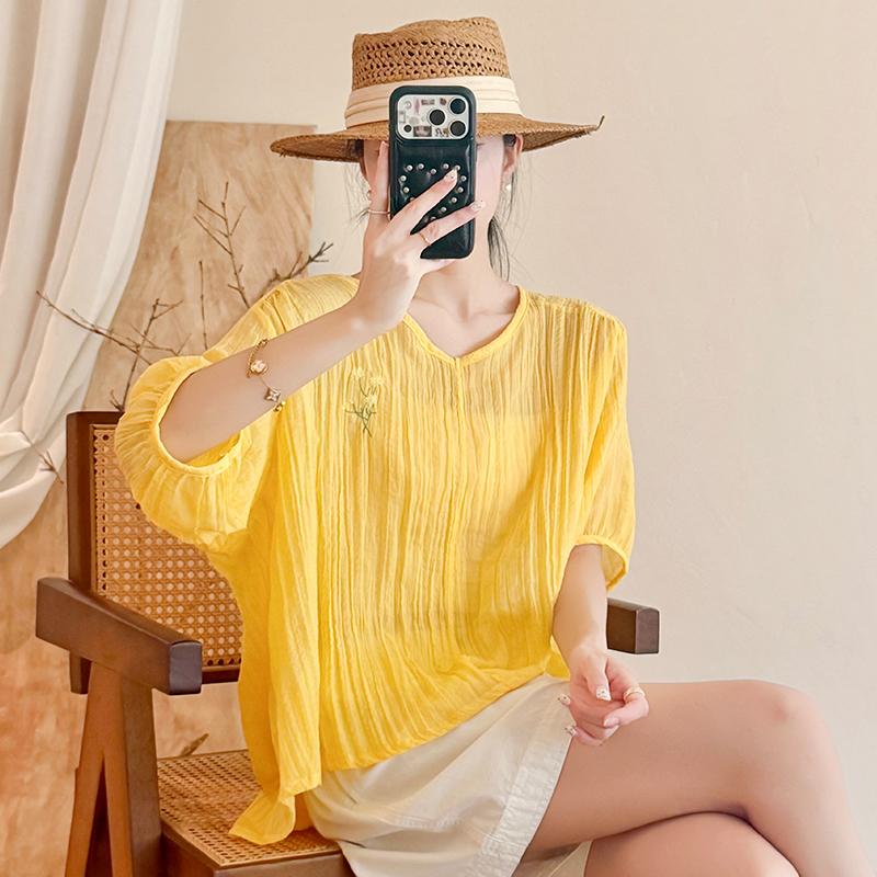DIMANAF 2026 Summer New Plus Size Women Blouse Shirt Vintage Embroidery Loose Cotton Linen Casual Lady Tops
