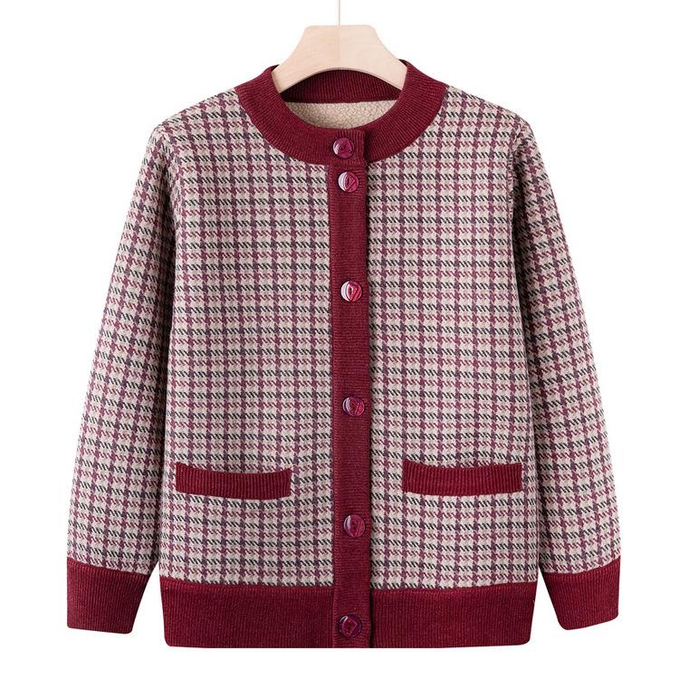 Middle-aged and Elderly Autumn Sweater Coat Female 60-year-old 70 Mother Plus Velvet Padded Cardigan Grandma Autumn and Winter Sweater