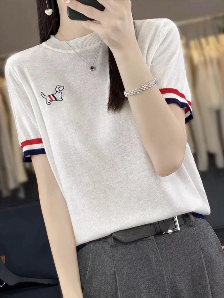 

Женская футболка с коротким рукавом из ледяного шелка, свитер с круглым вырезом, вышитая, универсальная, тонкая, свободная, базовая футболка-топ S белый