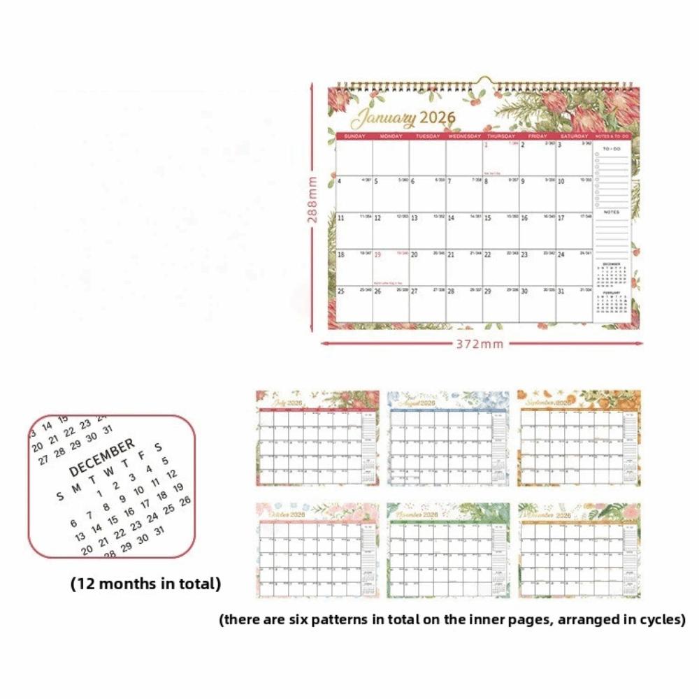 New 2026 Jan.- Dec. Wall Calendar Spiral Binding Flower Pattern Hanging Calendar 12-Month Wall Mount Monthly Calendar Office Use