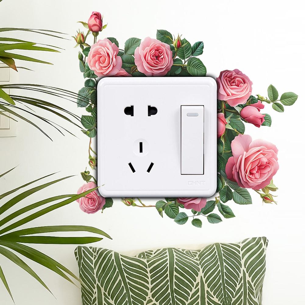 PVC-Based Pink Rose Wall Sticker for Light Switch and Outlet Plate Decoration Indoor Use On Smooth Flat Surfaces