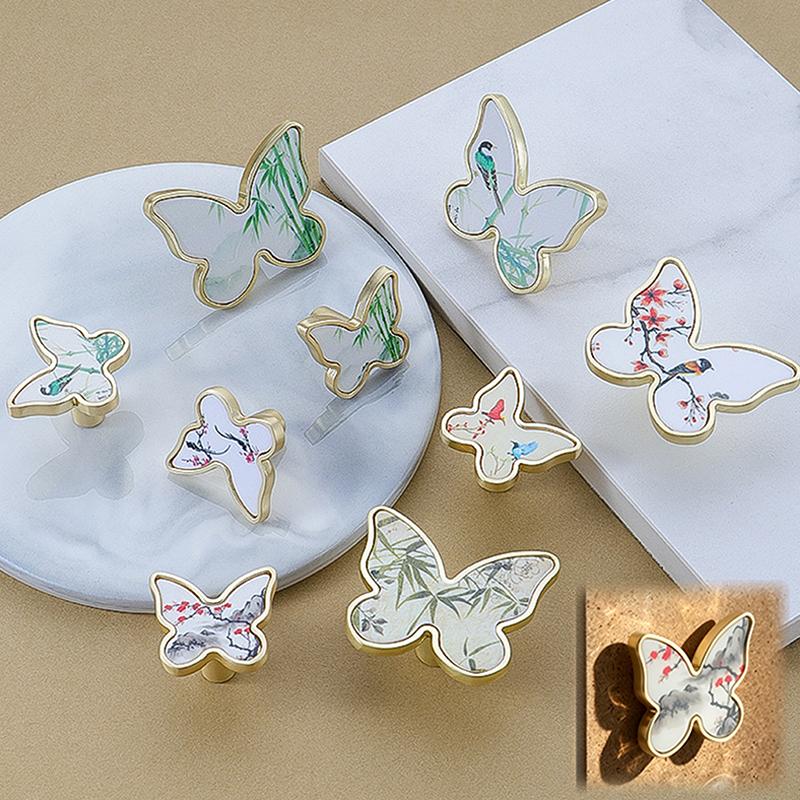 Butterfly Shaped Cabinet Knobs Unique Chinese Painting Pattern Easy Install Furniture Handles for Wardrobe Drawer