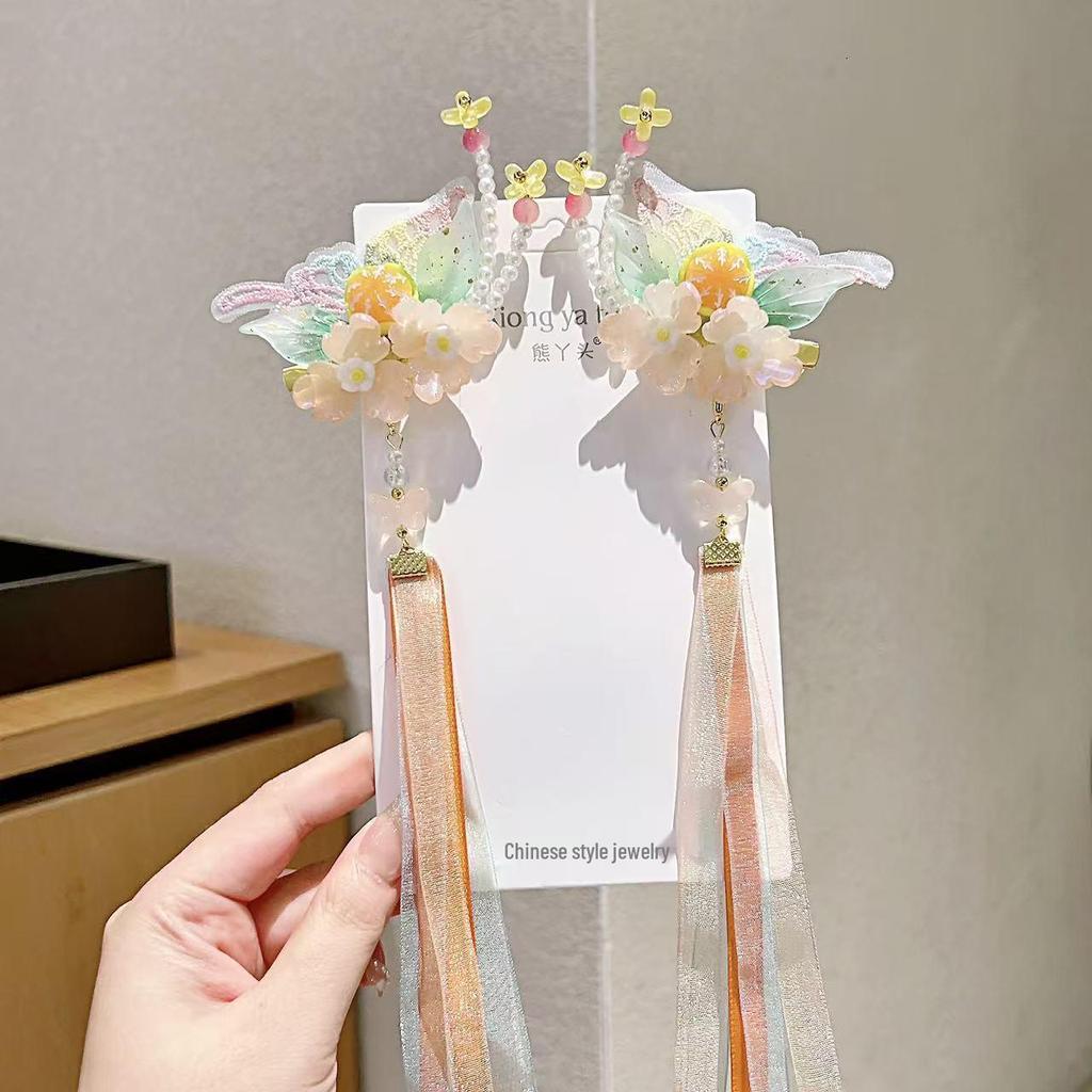 Ancient Style Hanfu Princess Butterfly Hair Clips with Long Ribbons - Children's Chinese Fairy Hair Accessories (Pair)