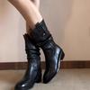 Middle Heel Leather Ladies Mid Calf Shoes Autumn Winter Fleece-Lined Women's Half High Boots Gyaru 2025 Novelty New Gothic Boot