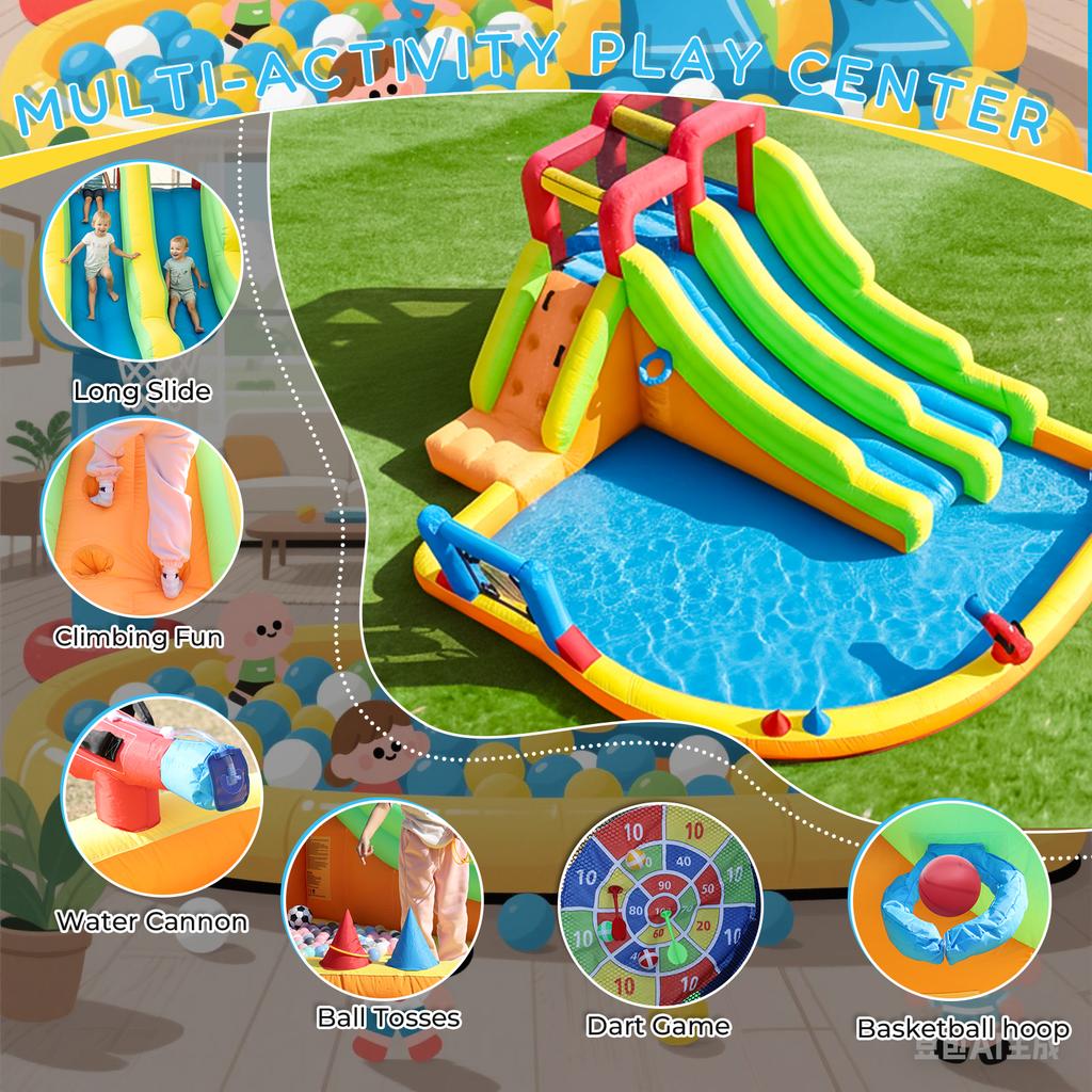 Tobogán de Agua Inflable Doble Carril Bouncer Combo Casa de Brincar con Piscina de Agua, Trampolín, Red de Tiro, Canasta, Escalada