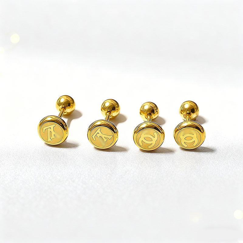 Chic Titanium Steel Stud Earrings for Women - Non-Fading, Screw-Back, Round Pearl & Letter Design
