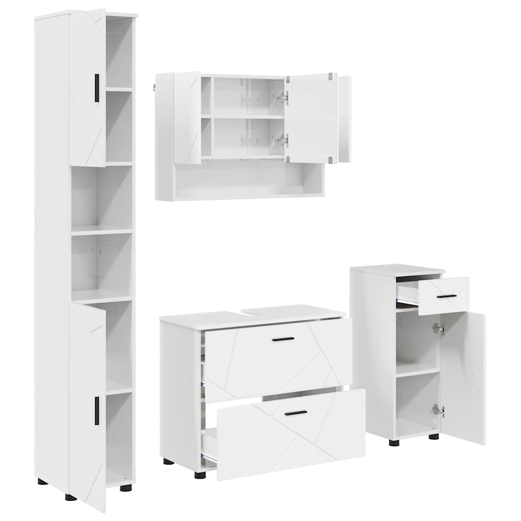 Bathroom Furniture Set 4 Pcs High Gloss White Plywood and Metal