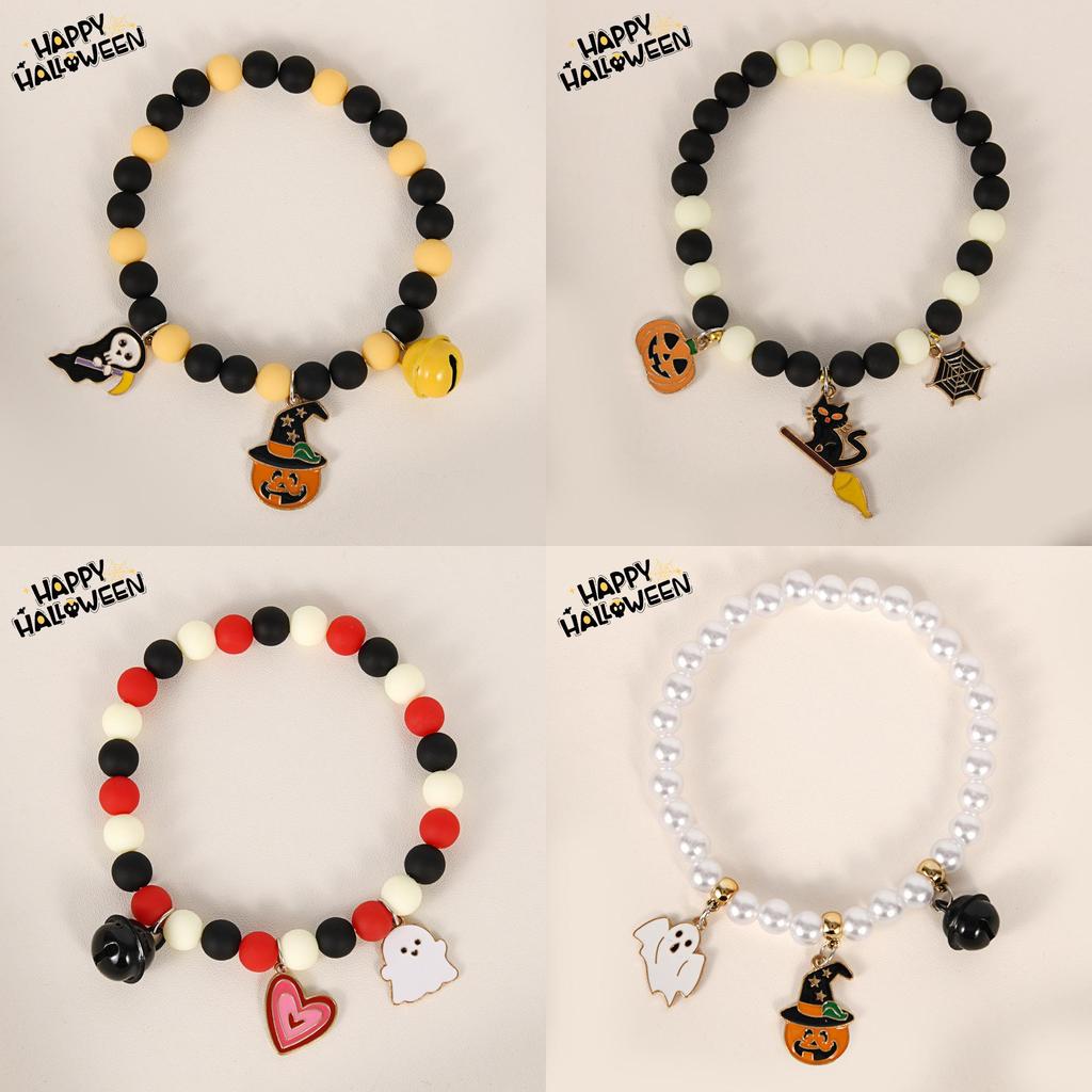 Halloween Pet Collar With Ghost And Pumpkin Beads For Cats