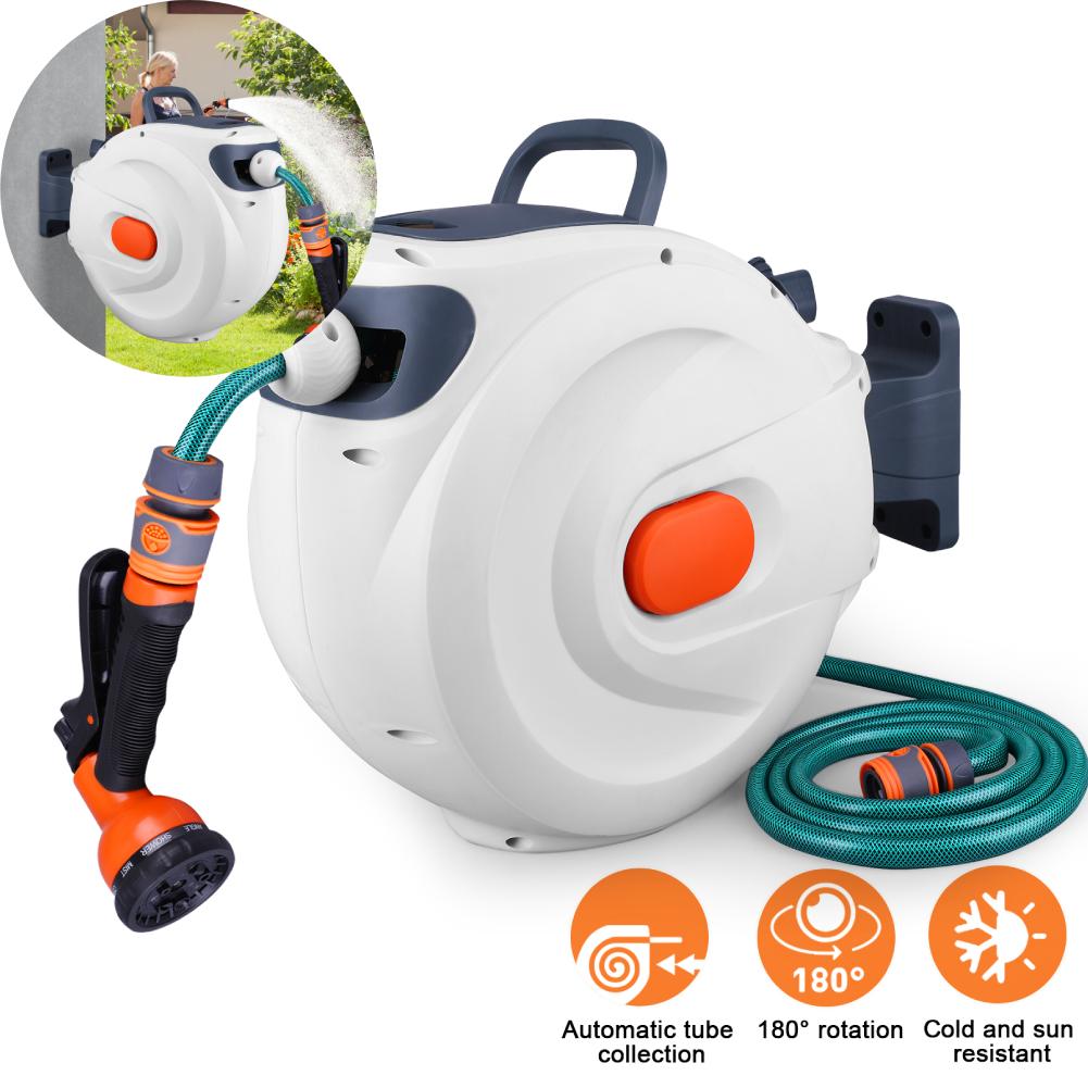 65 Ft Retractable Garden Hose Reel Telescopic Water Hose Reel Slow Return System 180 Degree Swivel Bracket for Car Washing