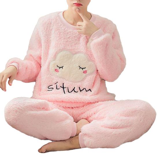 

2 шт./компл. женские пижамы в полоску, утолщенные коралловые, одинаковые, с мультяшным принтом, флисовые, мягкие, с круглым вырезом, с длинными рукавами, эластичная резинка на талии XL розовый