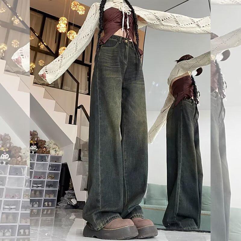 Cement Gray Wide-leg Jeans Women's Spring and Autumn New High-waisted Loose Niche Design Thin Versatile Straight-leg Pants