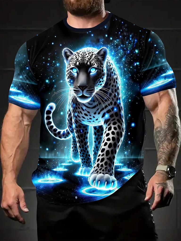 Men's 3D Printed Leopard T-Shirt with Glowing Blue Eyes and Cosmic Design – Casual Round Neck Summer Top for Outdoor Activities, Running, Gym, or Gift