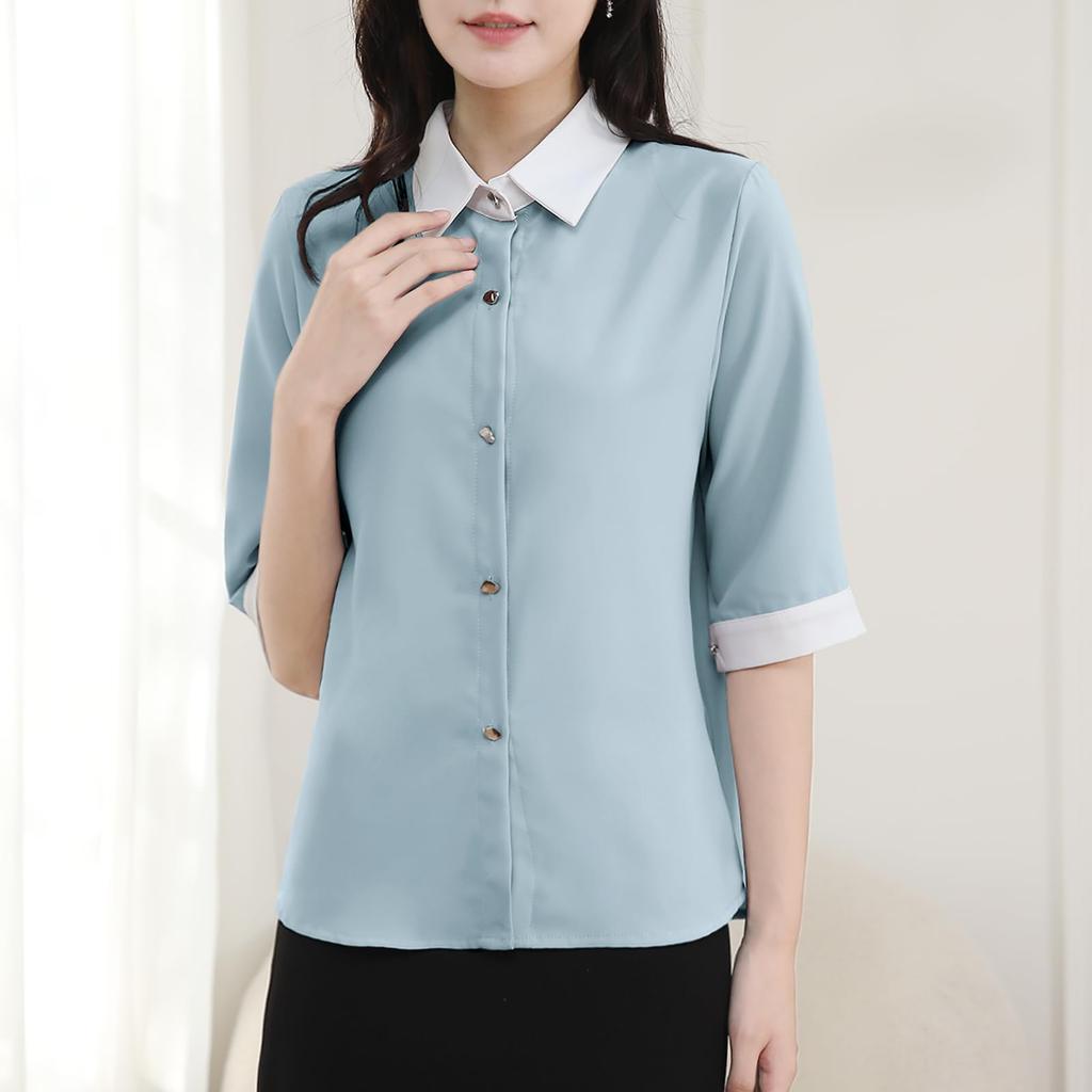 Shirt Blouse for Short Body Going Dress Summer [Yino] Women, Sleeve, Bicolor, Collared, Smooth, Covering, Slimming, Simple, Neat, Stylish, Commuting,