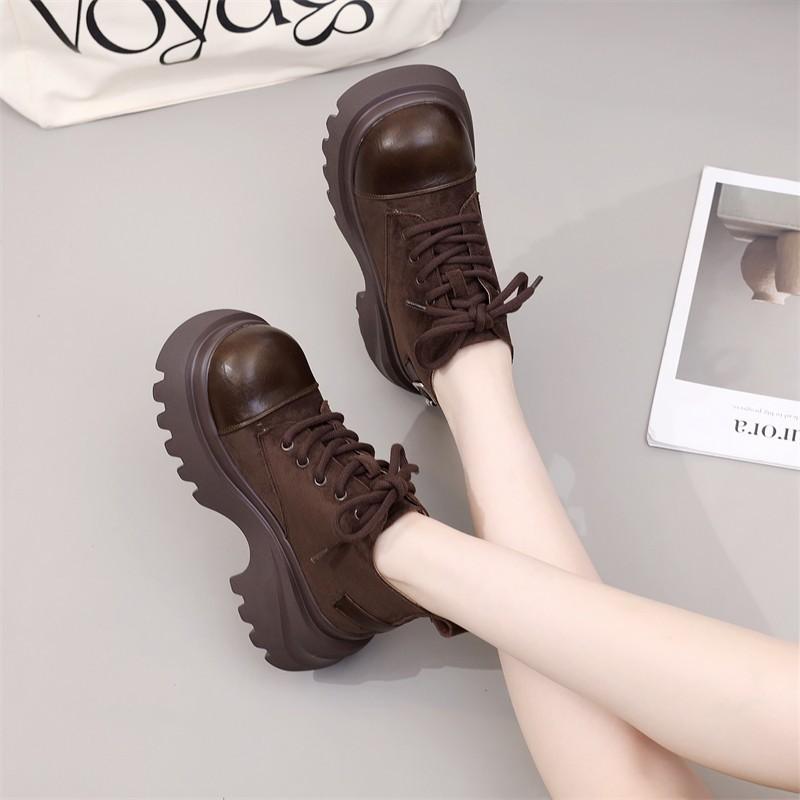 

Cowhide thick-soled Martin boots women s new retro fashion versatile small height-increasing short boots 40 коричневий