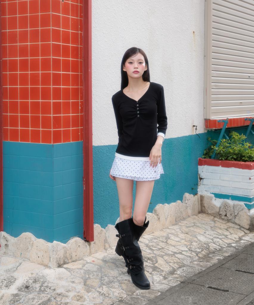 ROSEFRANTZ Shirring Button Layered Long Sleeve [Black]
