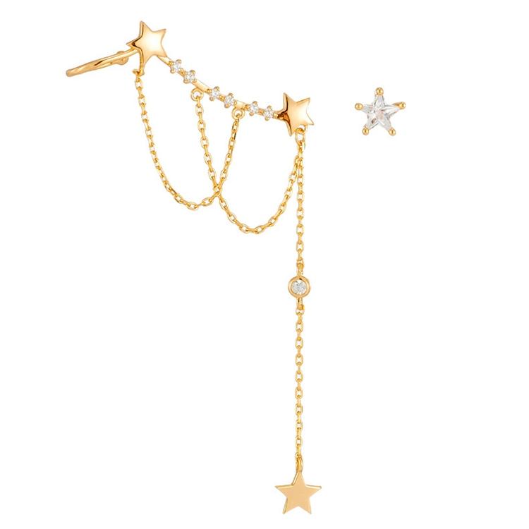 Mlluki Factory 925 Sterling Silver 14K Gold Plated Gemstone Irregular Bezel Chain Tassel Star Earrings