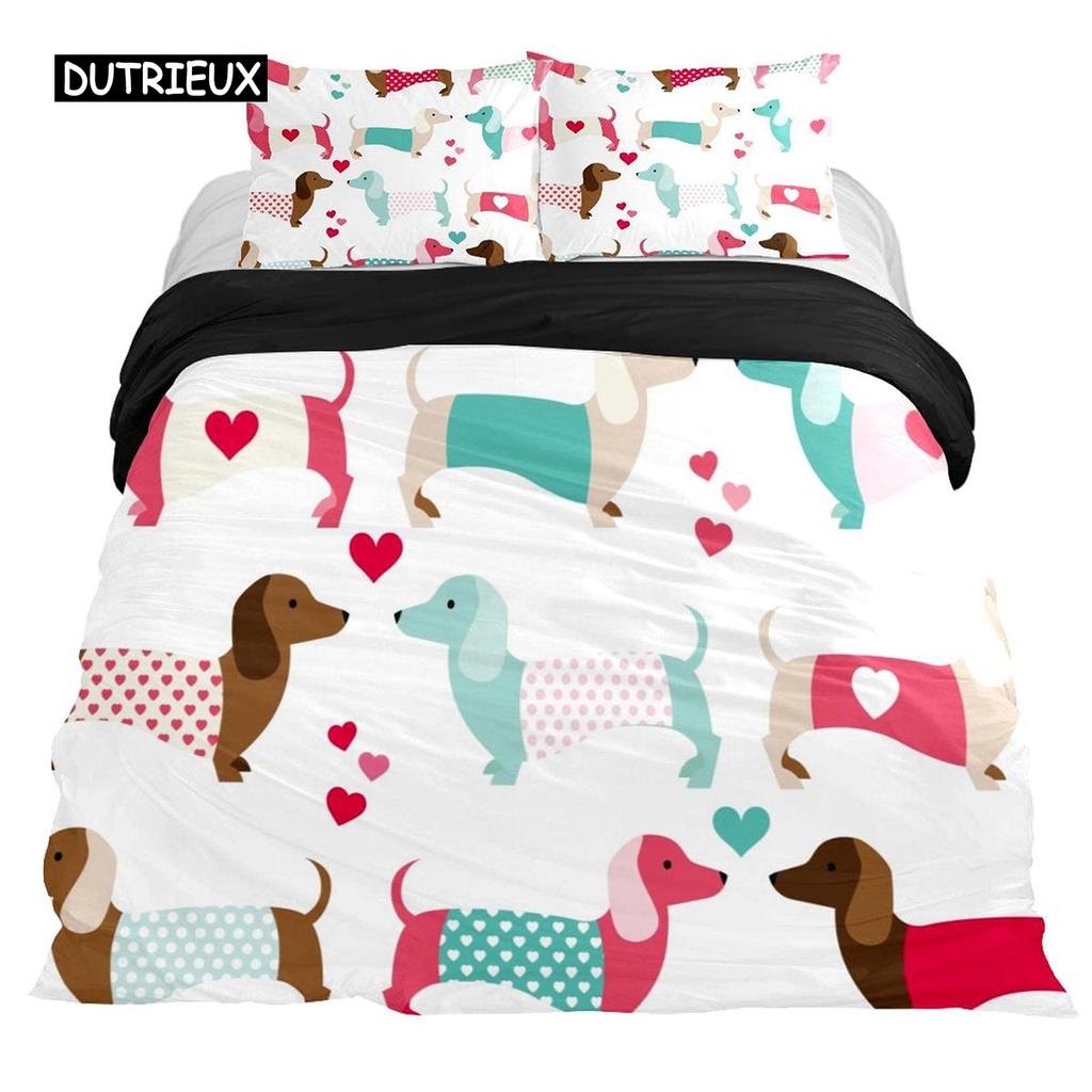 Dachshund Duvet Cover Set Cartoon Style Dachshunds King Size Bedding Set for Dog Lovers Kids Teens 2/3pcs Twin Comforter Cover