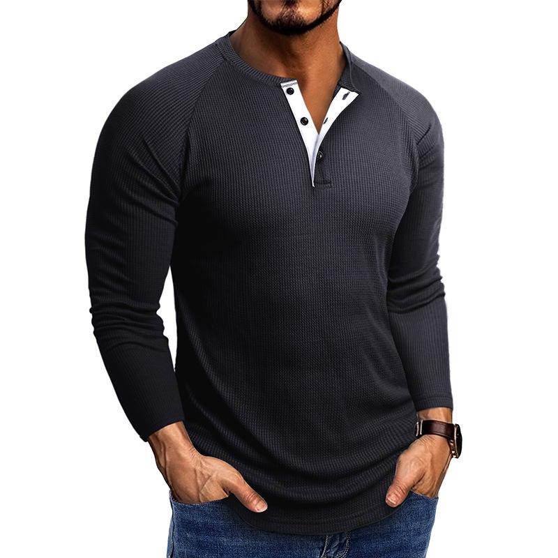Men Casual Waffle Knit Henley Long Sleeve T Shirt
