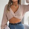 GMXIA Women's Fashion Casual Solid Color Autumn Winter Long Sleeve V-Neck Loose Sexy Knotted Lantern Sleeve Crop Sweater