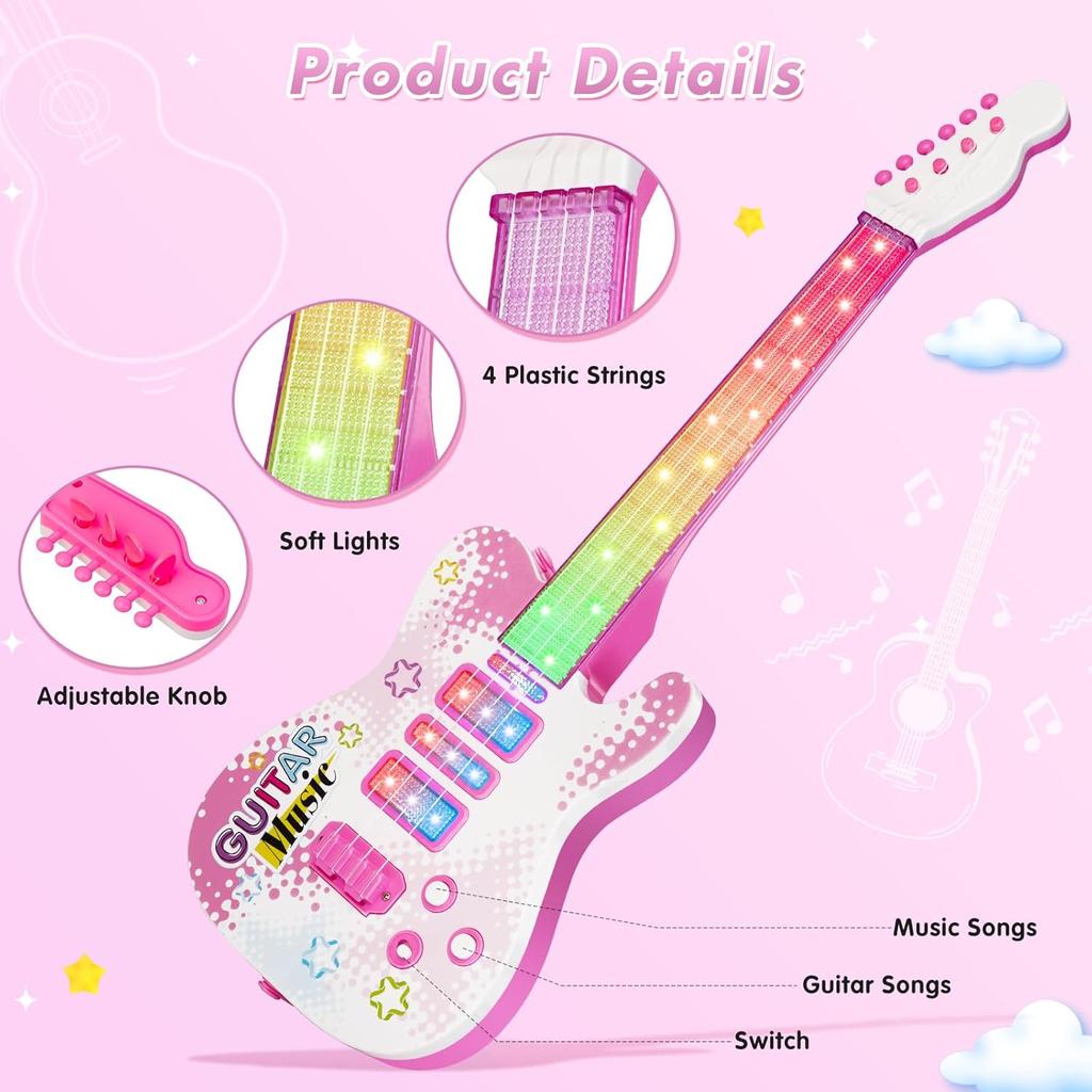 Kids Pink Guitar Toy for 3 Year Old Girls Birthday Gift Toddler Toy Ages 2-4 Electric Guitars with 4 Strings Light Up Music Toys for 3 4 5 Year Old