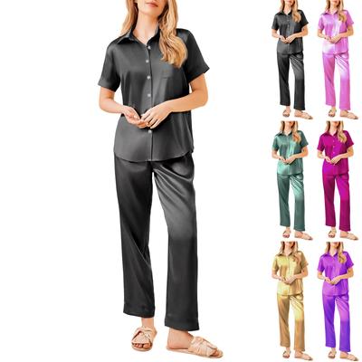 Women's Silk Solid Color Pajamas Set, Ladies Short-sleeved And Long Pants Two-piece Pajamas, Button-down Pajamas And Home Clothes