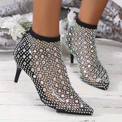 Sexy Pointed Fine Heel Big Size Hollow Rhinestone Elastic Transparent Fashion High Heel Women's Sandal Boots