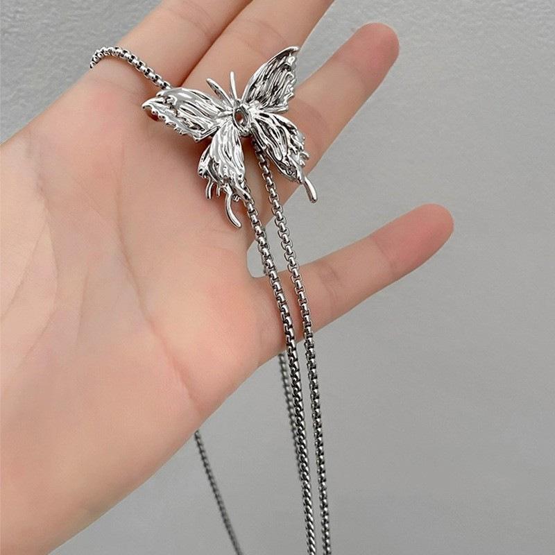 Popular Geometric Sweater Necklace  Color Butterfly Pendant Adjustable Stainless Steel Chain Punk Hiphop Jewelr Gift