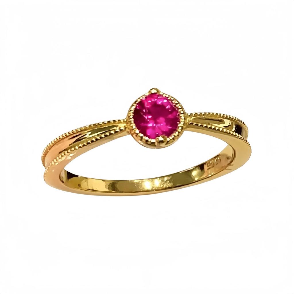 925 Sterling Silver Gold Plated Ring for Women, Red Ruby Color Cubic Zirconia Milgrain Bezel Set Stacking Band Jewelry