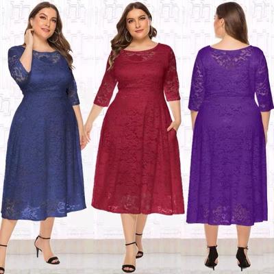 Плюс розмір Xl-6xl Нова модна популярна вечірня сукня середньої довжини з порожнистим мереживом Жіночі сукні Червоний Білий Чорний Синій Зелений Одяг