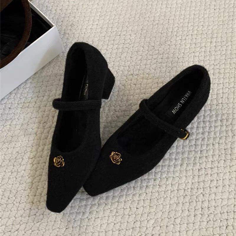 Square Head Thick Heel Fluffy Shoes Women Wear Autumn and Winter New Gentle Fairy Mary Jane Single Shoes French Evening High Heels
