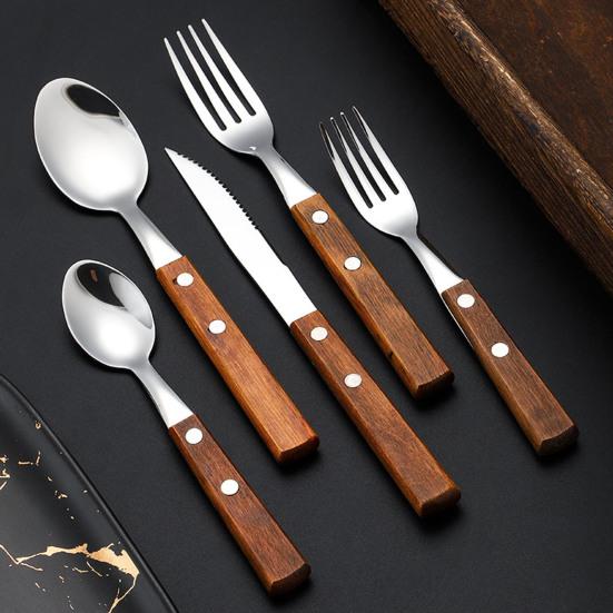 Geschirrset Klassisches Französisches Design 5-teiliges Edelstahl-Besteck mit Imitation-Holzgriff Spülmaschinenfest Besteckset Rostbeständig Steakmesser