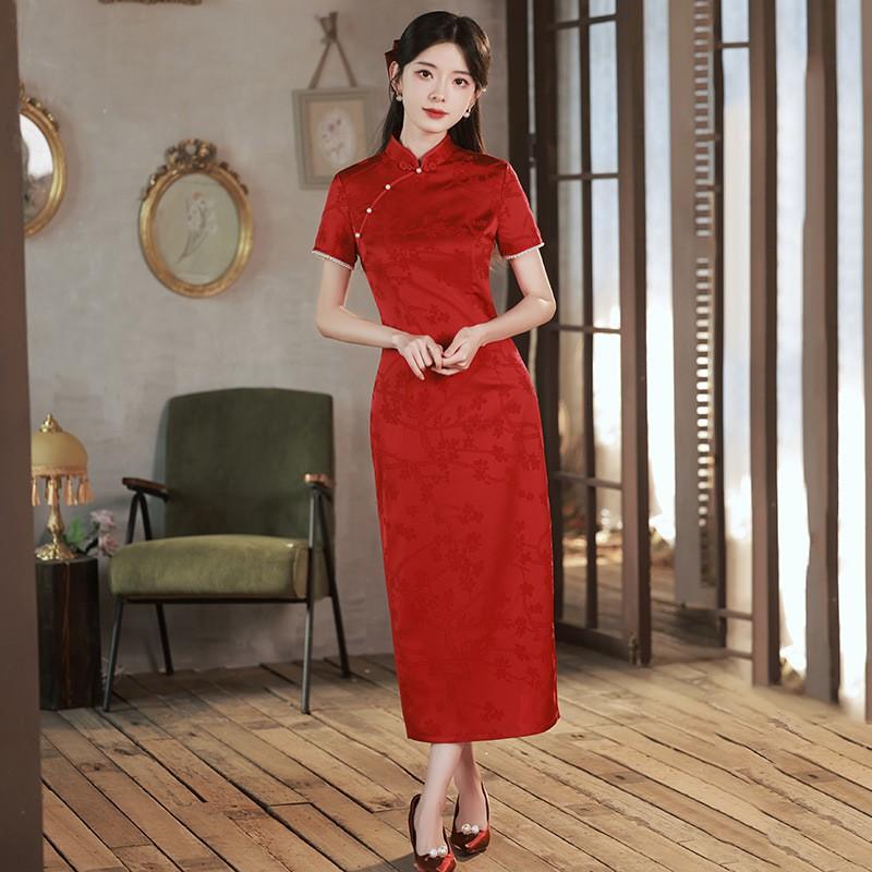 Elegant Red Modern Cheongsam Dress Women Long Sleeveless Vintage Style Wedding Guest Gown Small
