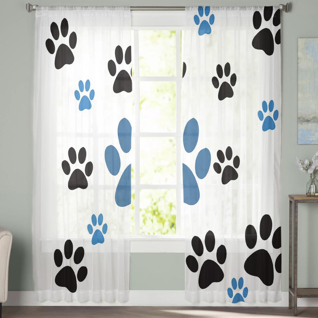 Cartoon Pet Paw Footprint Tulle Curtains For Living Room Bedroom Decoration Chiffon Sheer Voile Kitchen Window Curtain Drapes