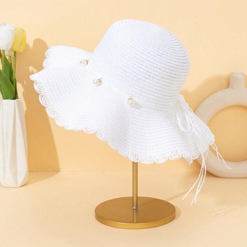 1Pc Women'S Khaki Wave Beach Sun Hat With Faux Pearl & Bowknot Detail, Elegant Beach Travel Vacation Sun Hat For Vocation,Party