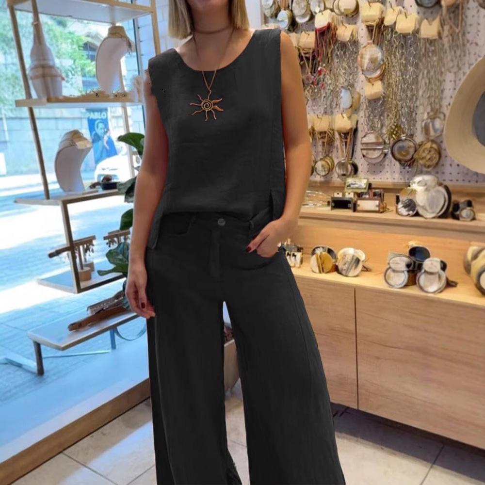 

Женские хлопковые льняные костюмы, летняя майка без рукавов с круглым вырезом, широкие брюки, комплекты из двух предметов, женские модные повседневные однотонные свободные костюмы S чёрный