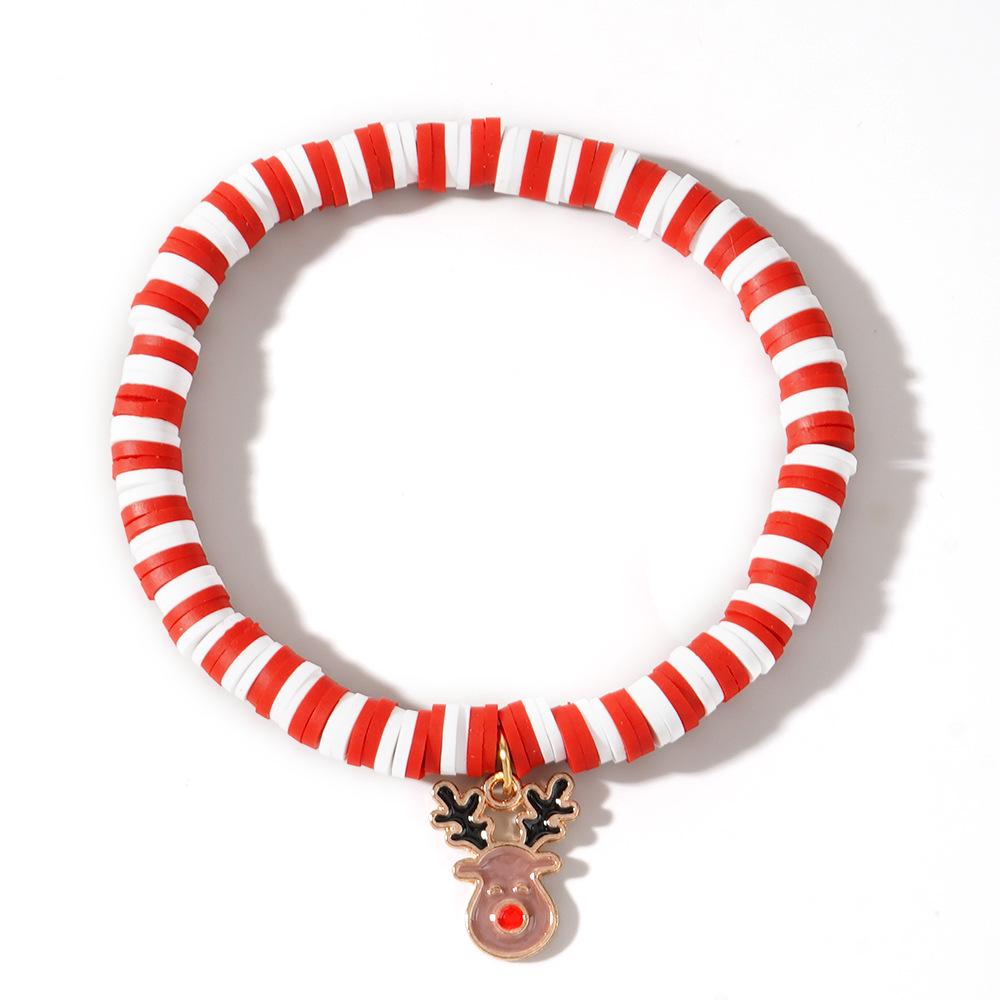 Christmas Clay Beaded Bracelet with Tree, Snowman, Bell & Reindeer Pendants In Red, White & Green - Festive Hand Jewelry
