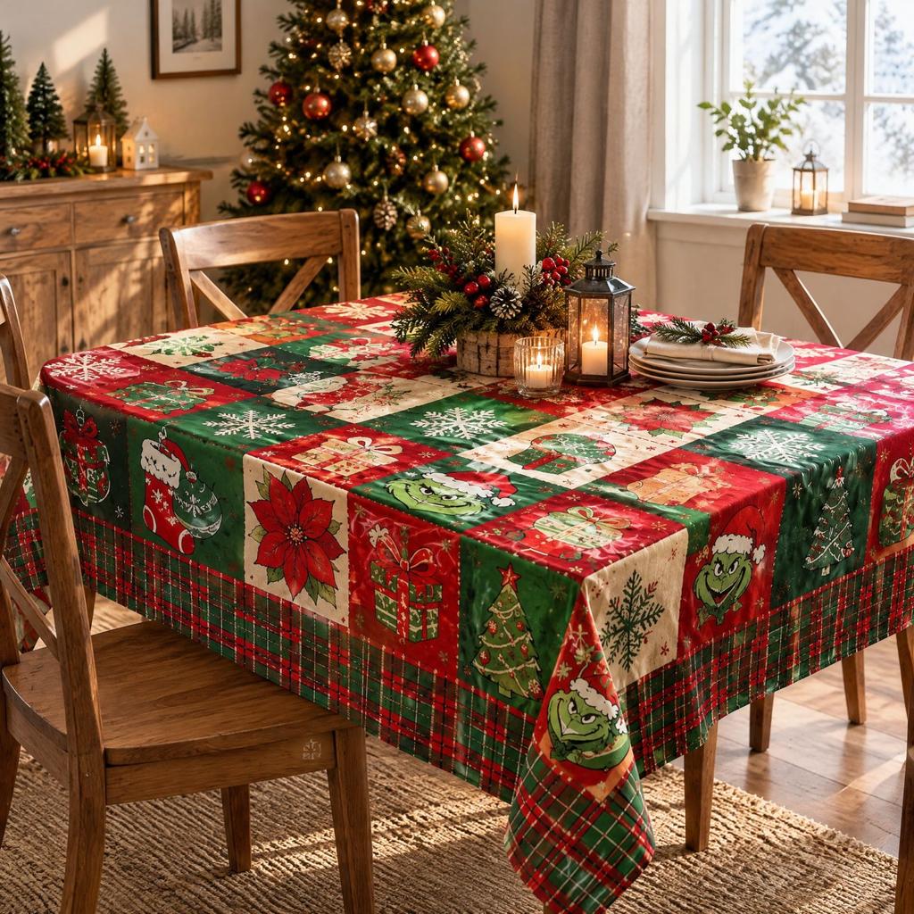 Christmas Tablecloth with Cute Pattern Print, Festive Holiday Party Decoration Table Cover