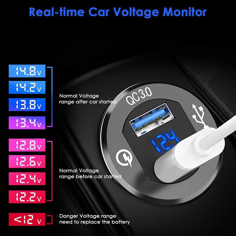 Quick Charge 3.0 Dual USB Car Charger Fast Charge Socket Aluminium Power Outlet with LED Voltmeter for 12V 24V Car Boat