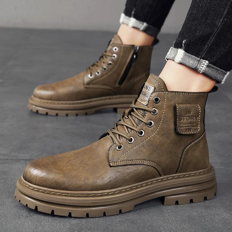 Italian Men Casual Leather  Boots 2024 New Classic Flat Designer Antiskid Ankle Boots Platform Rubber Lace-up Round Toe Boots