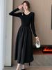 Black Hollow Knitted Long-sleeved Dress Women's Autumn Feeling Hepburn Style Small Black Dress Temperament Waist Long Skirt